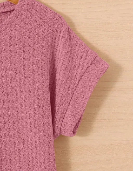 Casual Mauve Textured Crop Top for Women – Short Sleeve Round Neck Tee