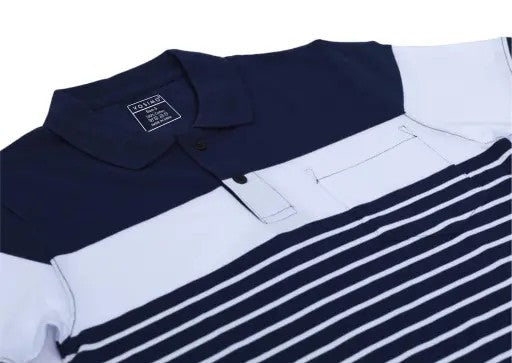 Men's Navy Blue & White Striped Polo T-Shirt – Cotton Casual Collar Tee