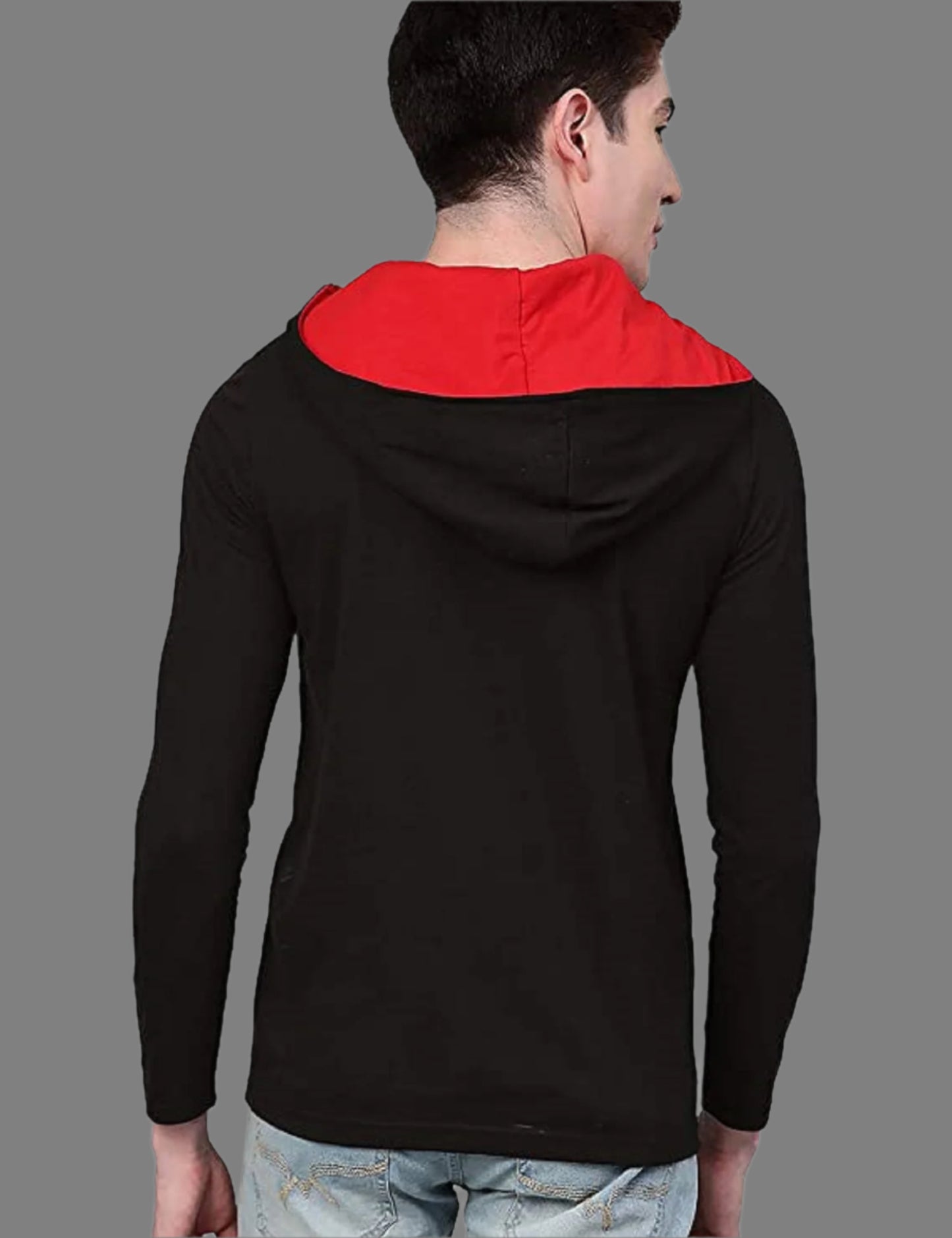 Men's Black & Red Slim Fit Hoodie with Asymmetric Zipper