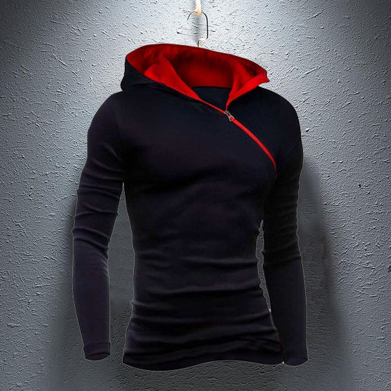 Men's Black & Red Slim Fit Hoodie with Asymmetric Zipper
