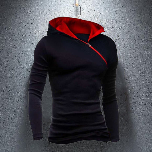 Men's Black & Red Slim Fit Hoodie with Asymmetric Zipper