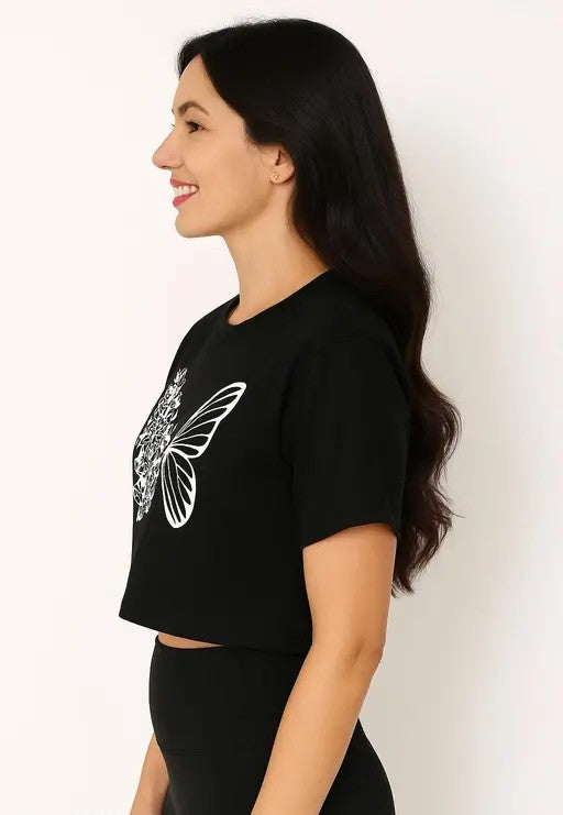 "Butterfly crop top, floral graphic tee, black crop top, women's fashion t-shirt, aesthetic crop top