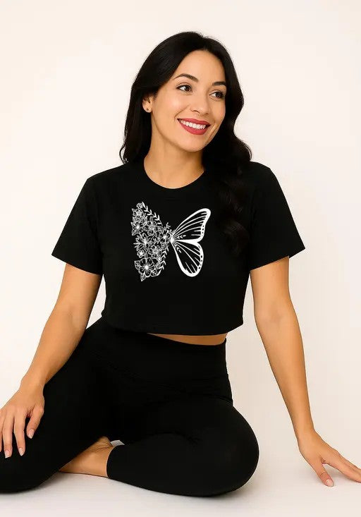 "Butterfly crop top, floral graphic tee, black crop top, women's fashion t-shirt, aesthetic crop top