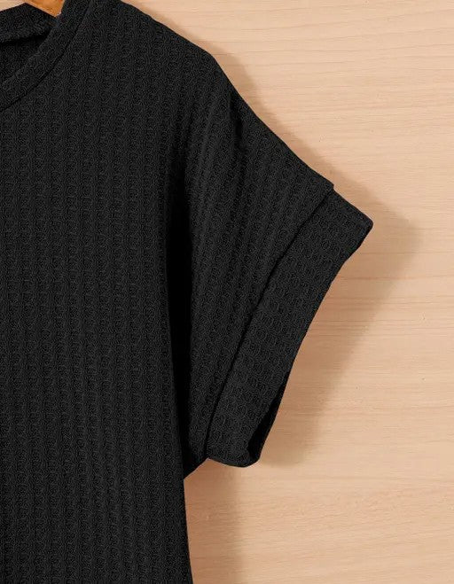 Casual Mauve Textured Crop Top for Women – Short Sleeve Round Neck Tee