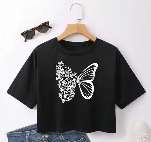 "Butterfly crop top, floral graphic tee, black crop top, women's fashion t-shirt, aesthetic crop top